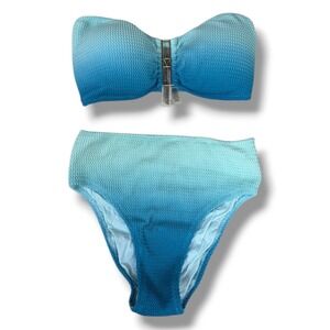 Victoria's Secret Aqua Ombre Ribbed Textured Bandeau High Waist Bikini Set L XL